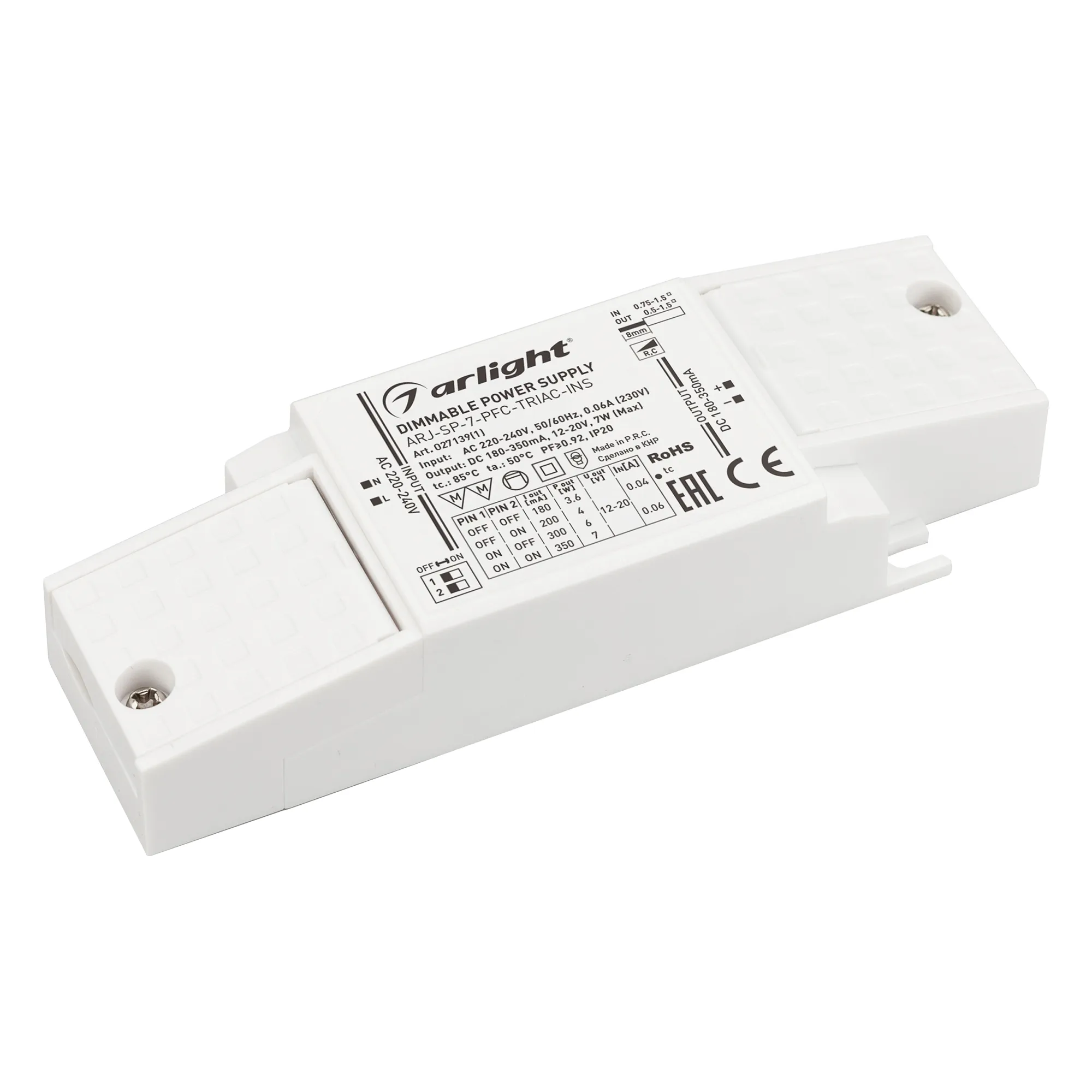 Блок питания ARJ-SP-7-PFC-TRIAC-INS (7W, 12-20V, 0.18-0.35A) (Arlight, IP20 Пластик, 5 лет) - изображение товара